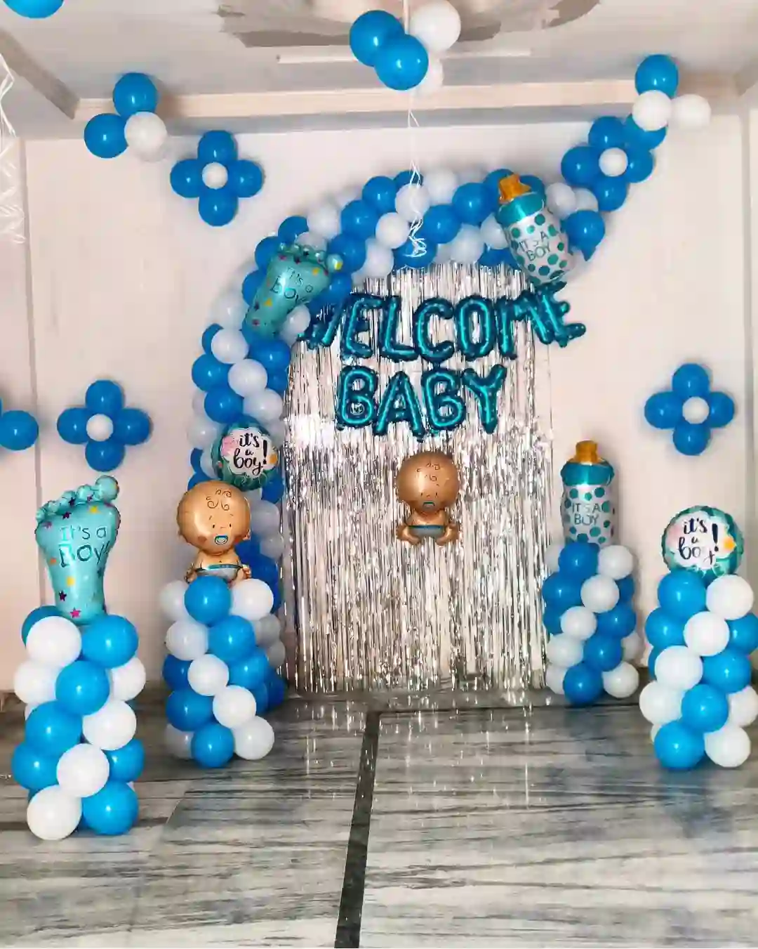 balloon decoration Baby Welcome Blue White Decor