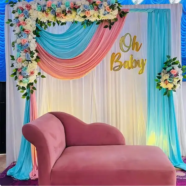 Pastel Baby Shower Decor with Curtains