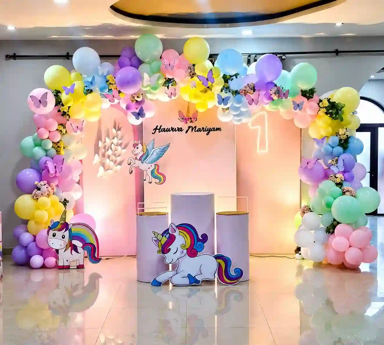 Unicorn purple and pink stage birthday decor